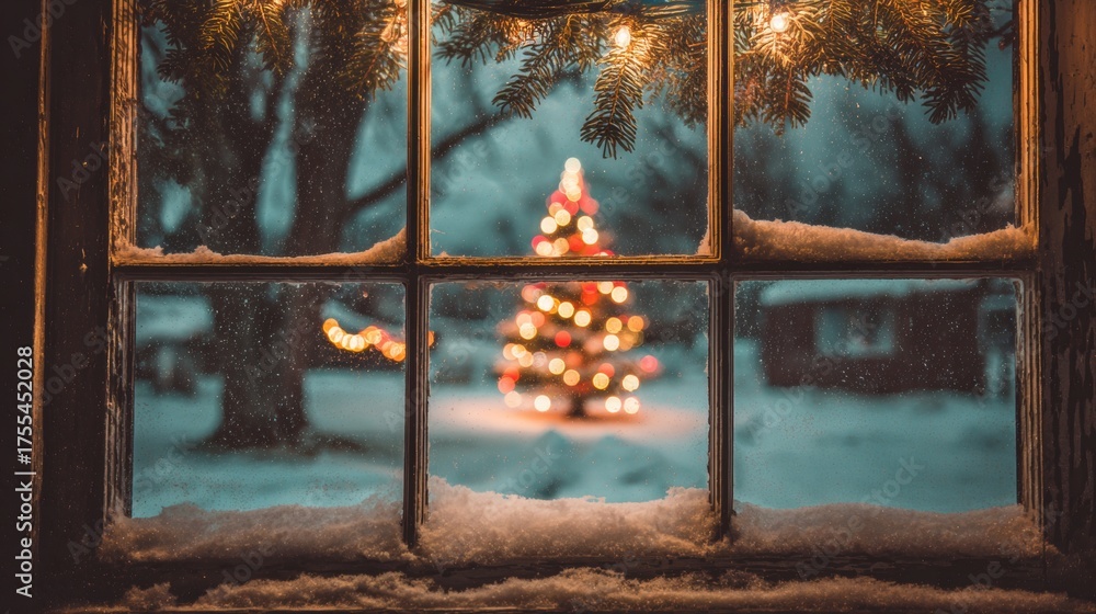 Naklejka premium Snow gently covers the window while a beautifully decorated Christmas tree glows in the distance. The serene scene captures the joy of winter and festive spirit