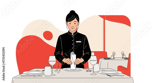 Restaurant Server Preparing Table Setting Illustration For Exquisite Fine Dining Experience
