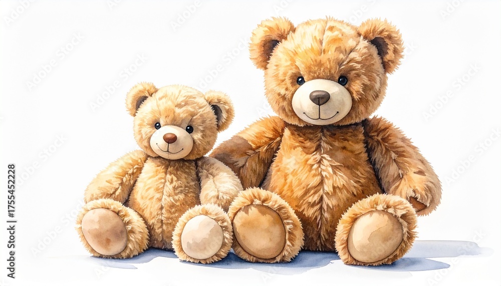 Obraz premium Two plush teddy bears side by side on white background, contrasting sizes and fur tones evoke warmth and companionship.