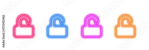 Neon glowing unlock vector icons set, security, access, open, padlock, privacy, freedom, vibrant colorful digital design illustration on transparent background. 