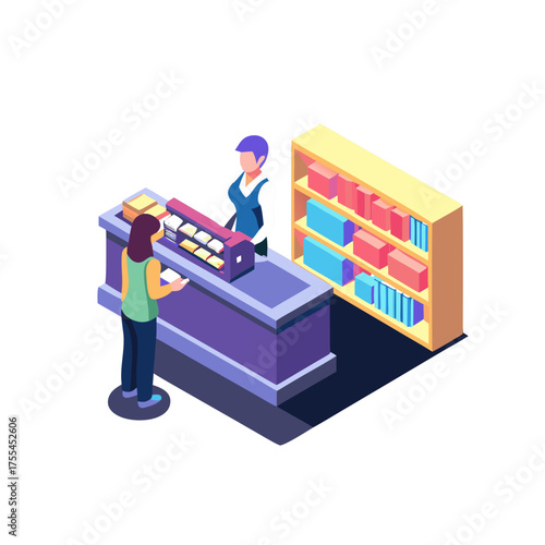 Check-out process at a hotel reception with staff and guest interacting, modern design