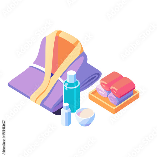 Luxurious hotel amenities including bathrobe, towels, and toiletries on a cozy background