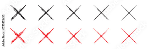 set of X icon. Red and black brush cross. Grunge letter mark. Sketch sign isolated on white background. Hand drawn calligraphy. Drawing vote symbol. Handwritten crosses. X shape graphic texture.