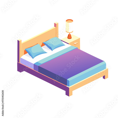 Modern queen bed with blue pillows and bedside lamp in a minimalist style