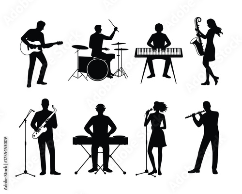 Black silhouettes of musicians playing instruments and singing guitar drums