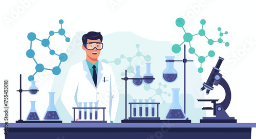 Scientist Conducting Research in Laboratory with Molecular Structures and Scientific Instruments