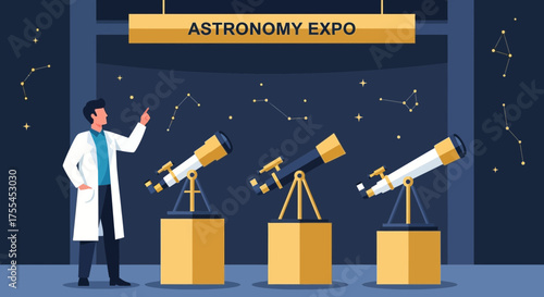 Scientist Explaining Constellation Patterns At An Astronomy Expo With Telescopes