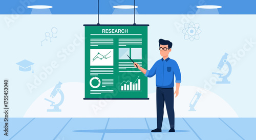 Scientist Giving Presentation About Research Project With Data Visualizations and Charts Displayed