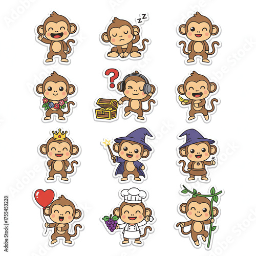 set of cartoon monkeys style sticker