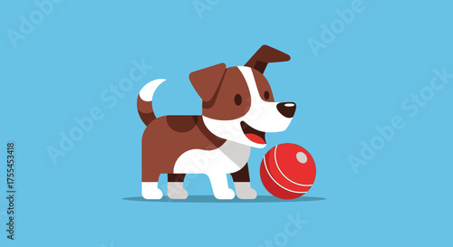 Cartoon dog playing with a red ball illustration.