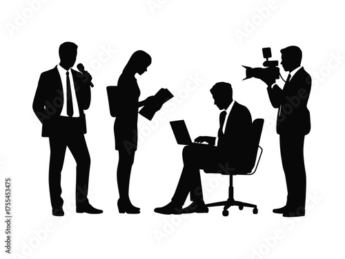 Black silhouettes of news reporters working together microphone laptop