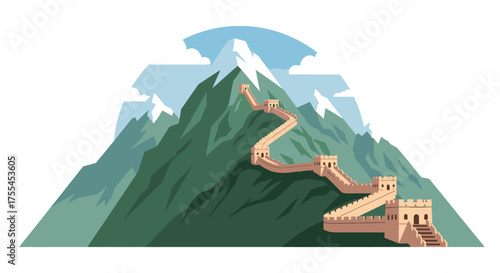 Iconic Great Wall of China winding across green mountains with snowy peaks