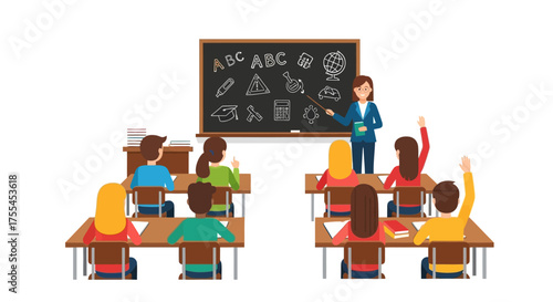 Classroom scene with teacher and students learning.