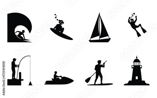 Black silhouettes of ocean activities and structures surfing diving