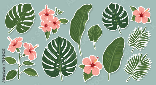 A collection of tropical leaves and pink flowers set against a light blue background.