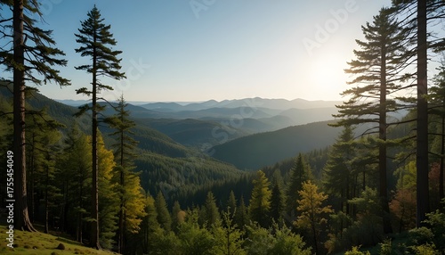 Beautiful Panoramic Forest View with Sunlight Gently Shining Through the Trees