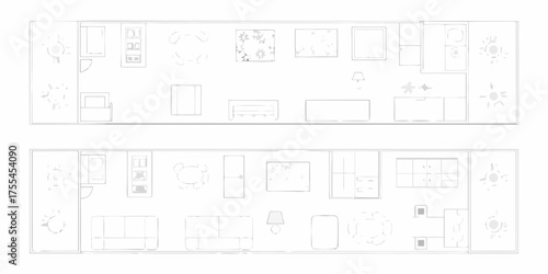 Top down view of two modern apartment floor plans with furniture and decor elements
