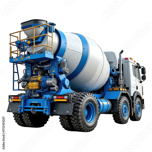 Powerful blue and white cement mixer truck ready for construction site tasks isolated on transparent background