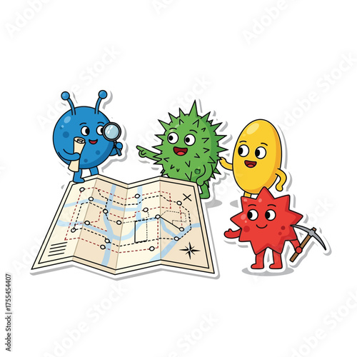 Cartoon microbes examining a map, one holding a magnifying glass, another pointing, and one with a pickaxe.