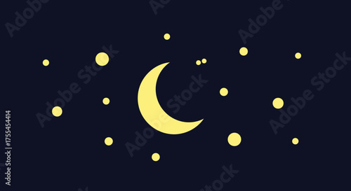 Crescent Moon and Stars in Night Sky Illustration.