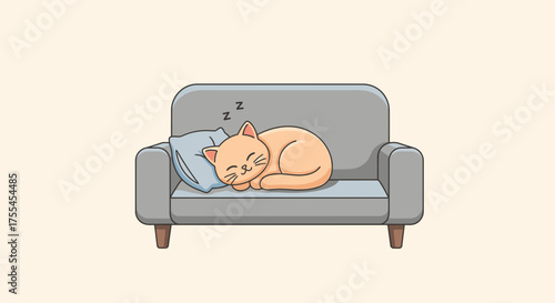 Cute orange cat sleeping peacefully on a cozy gray sofa with a blue pillow.