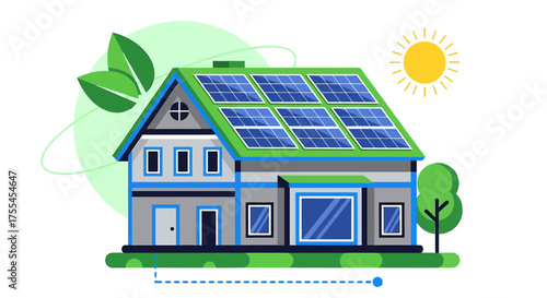 Illustration of ecofriendly house with solar panels and green surroundings