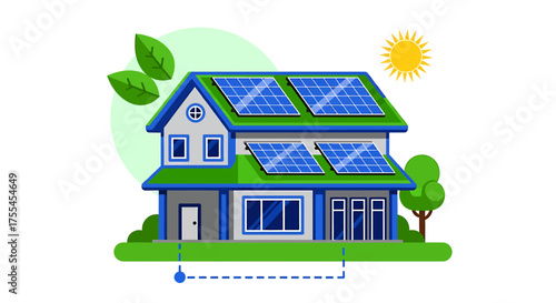 Illustration of modern house with solar panels on the roof