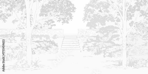 Serene garden pathway with stone steps leading up to a brick wall and lush trees