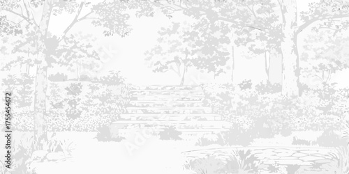 Whimsical stone staircase ascending through a lush overgrown garden with trees and foliage in a soft monochromatic style