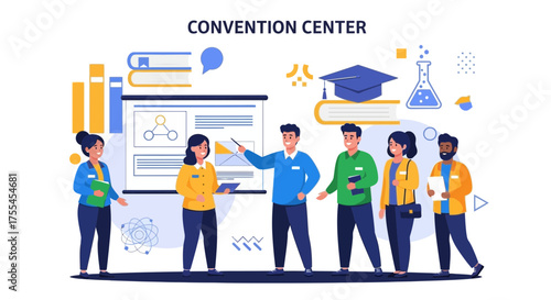 Team Presenting Research Data At A Conference With Academic Graphics And Illustrations
