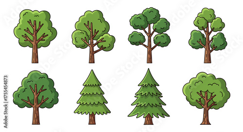 Illustration of collection of cartoon trees isolated on white background