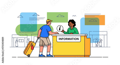 Tourist Seeking Assistance At Airport Information Desk Receives Essential Support