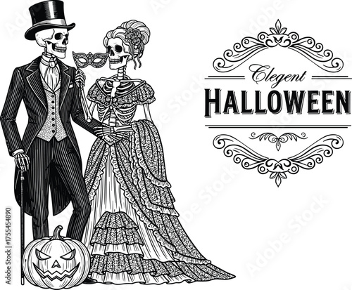 Elegant Halloween skeleton couple in Victorian costumes with jack-o'-lantern, ornate frame, spooky vintage theme, cobwebs, and festive illustration design
