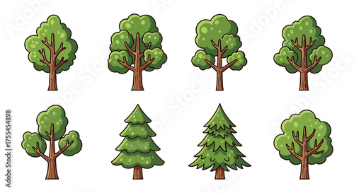 Illustration of various cartoon trees isolated on white background