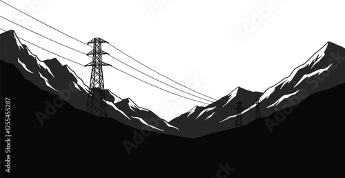 High voltage electric transmission towers in mountain valley, power line pylons landscape vector illustration, renewable energy, electricity infrastructure, black and white design