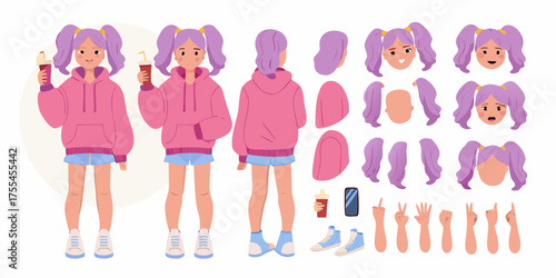 Cute cartoon character design kit with girl in pink hoodie and blue shorts holding drink