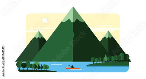 Flat design illustration of a serene mountain lake with a lone kayaker.