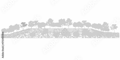 Stylized silhouette of a rolling hillside with trees and bushes against a white background