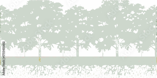 Stylized illustration of a forest canopy and root system in muted green and white tones