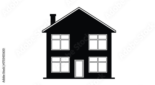 Simple black silhouette of a two-story house with a chimney and windows.
