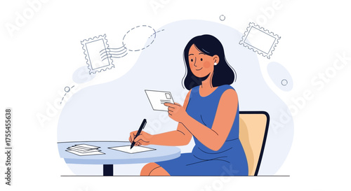 Woman Composing Letter With Stamps Depicting Communication Expressing Ideas And Thoughts