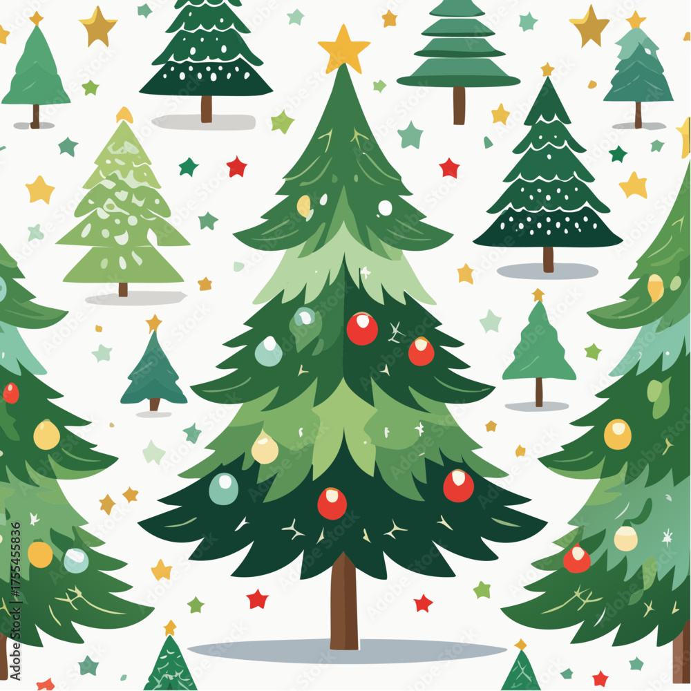 Fototapeta premium Seamless pattern of decorated Christmas trees with stars and ornaments. Festive winter vector perfect for holiday backgrounds and wrapping paper.