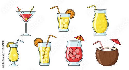 A vibrant collection of refreshing tropical and classic summer cocktails. a delightful assortment of colorful mixed drinks perfect for any festive occasion.