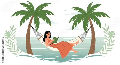 Woman Relaxing With Book In Hammock Beside Palm Trees On A Tropical Beach