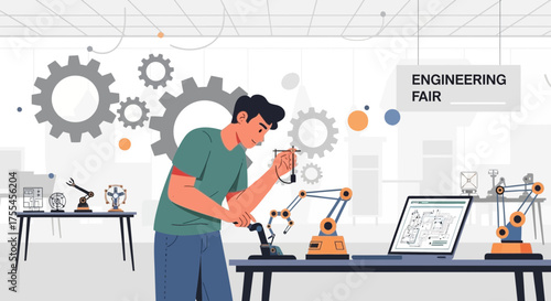 Young Engineer Showcasing And Working on Robotic Arm At The Engineering Fair
