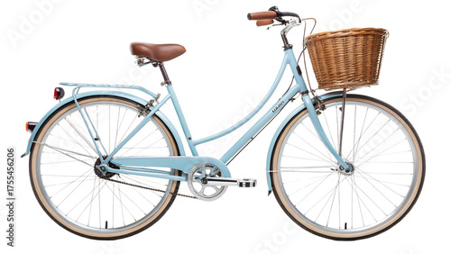 Isolated ladies light blue bicycle with wicker basket, brown saddle, ready to ride, fun
