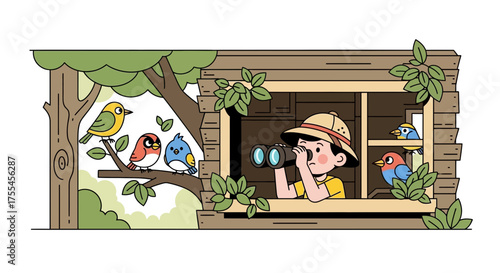 Young Observer Captures Colorful Avian Activity Using Binoculars From Wood Structure