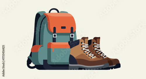 Hiking backpack and boots for outdoor adventure.