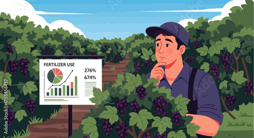 Agricultural analysis: Farmer contemplating fertilizer use data in vineyard