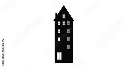 Tall, dark, narrow building silhouette with lit windows against a white background.